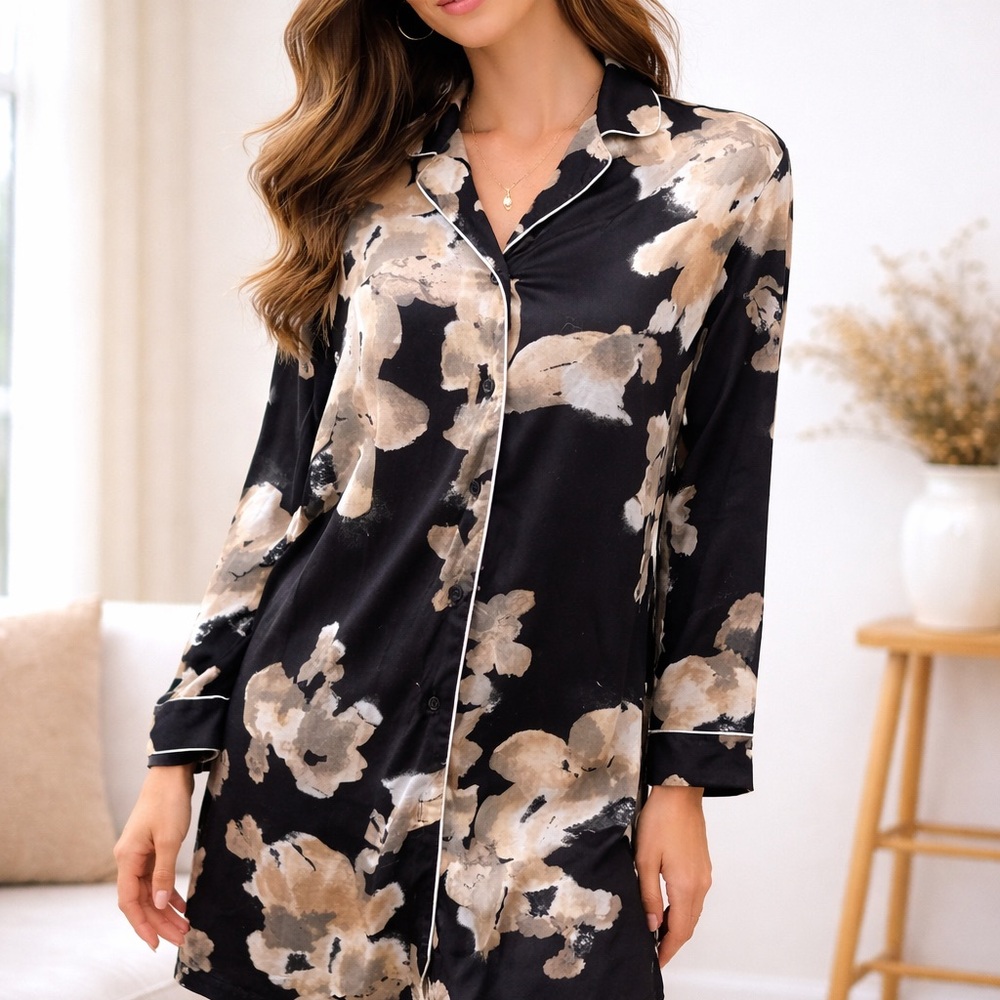Nicole Miller New York Floral Lounge Sleep Shirt Button Front Relaxed Night Smal - Picture 4 of 13